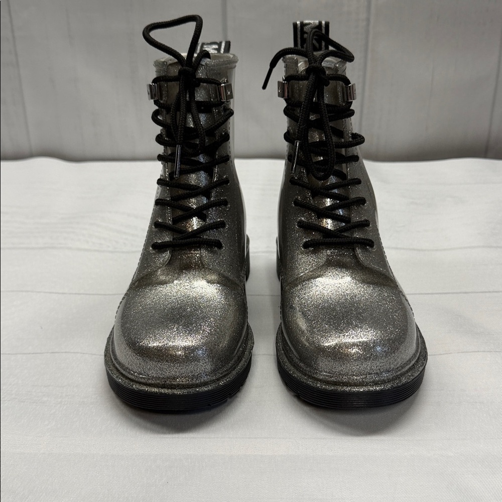Michael Kors Silver Glitter Tavie Lug Sole Lace Up Combat Rain Booties Size 6 - Picture 7 of 11